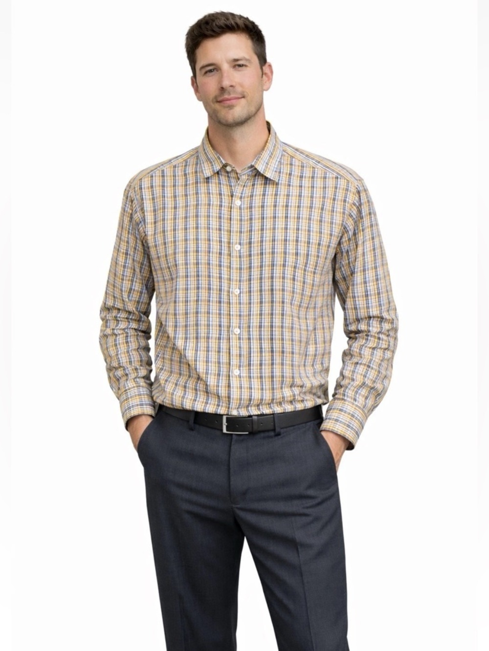 Ermenegildo Zegna Men's Size Large Plaid Butt Shirt Luxury Yellow Blue